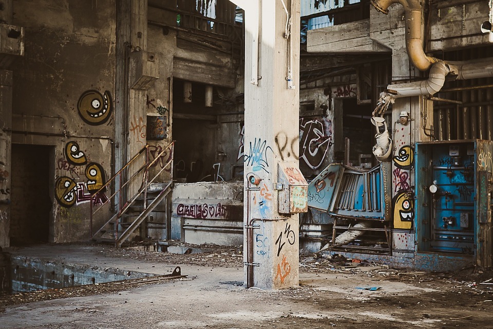 graffiti, spray paint, warehouse