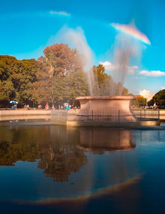 fountain, rainbow, water