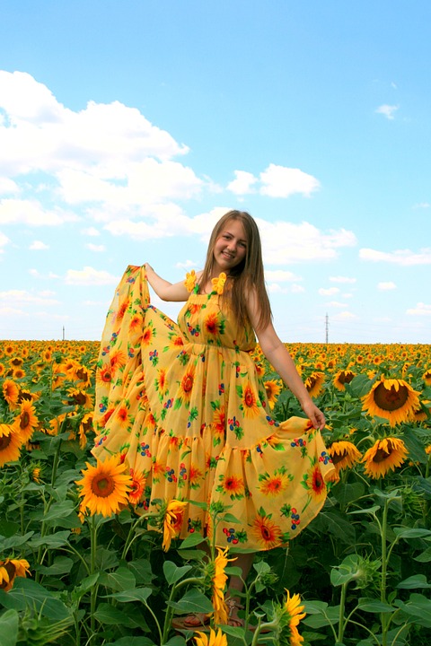 sunflower, girl, dress