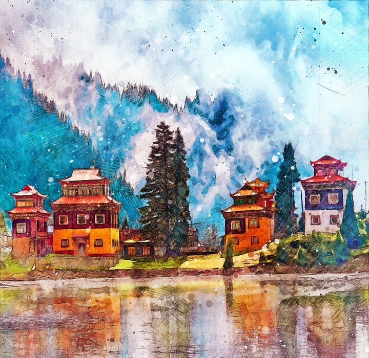 temple, mountain, lake