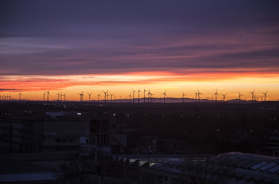 wind energy, sunset, wind mills