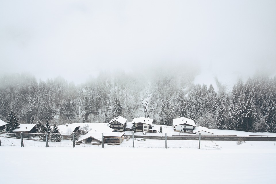 snow, village, winter