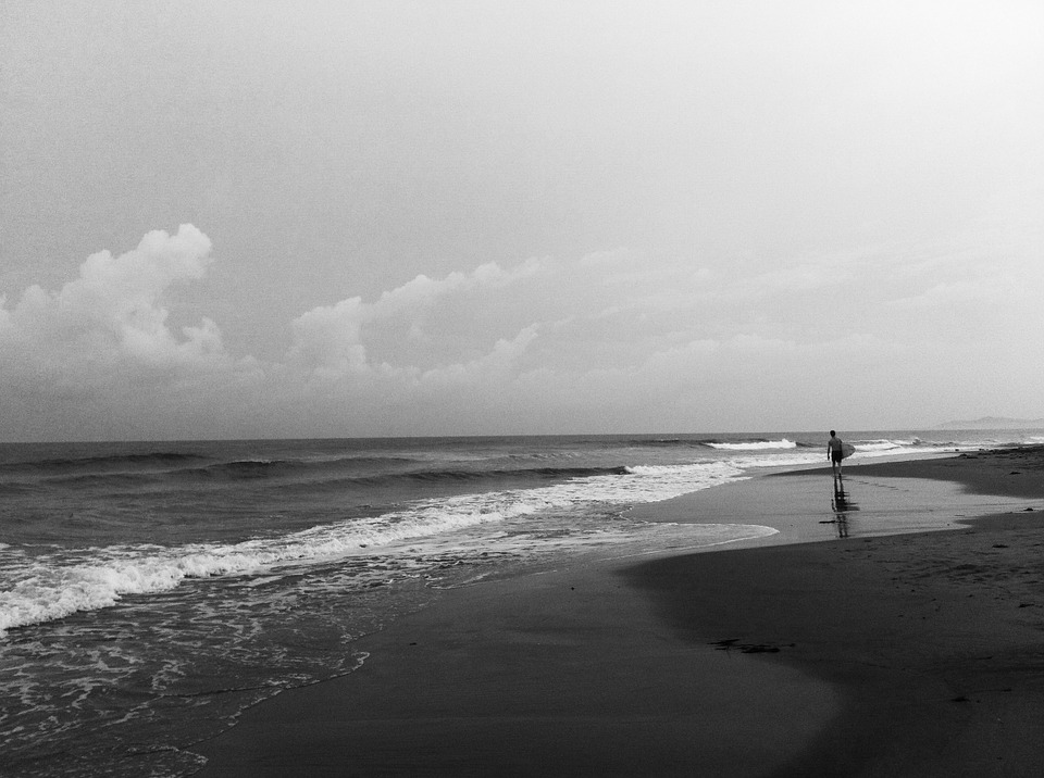 ocean, surfer, black and white