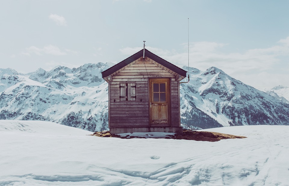 cabin, mountain, snow