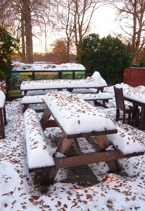 picnic tables, snow, winter