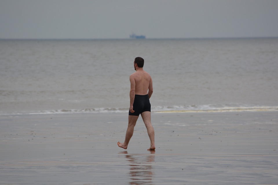 man, swimming trunks, sea