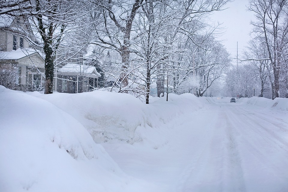 snowy street, deep snow, winter