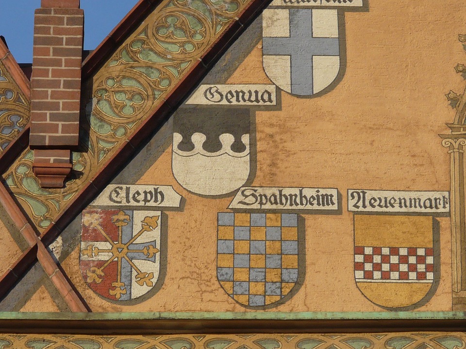 facade, building, coat of arms