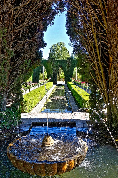 fountain, garden, water