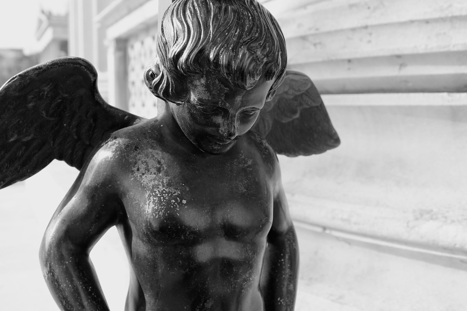 statue, angel, black and white