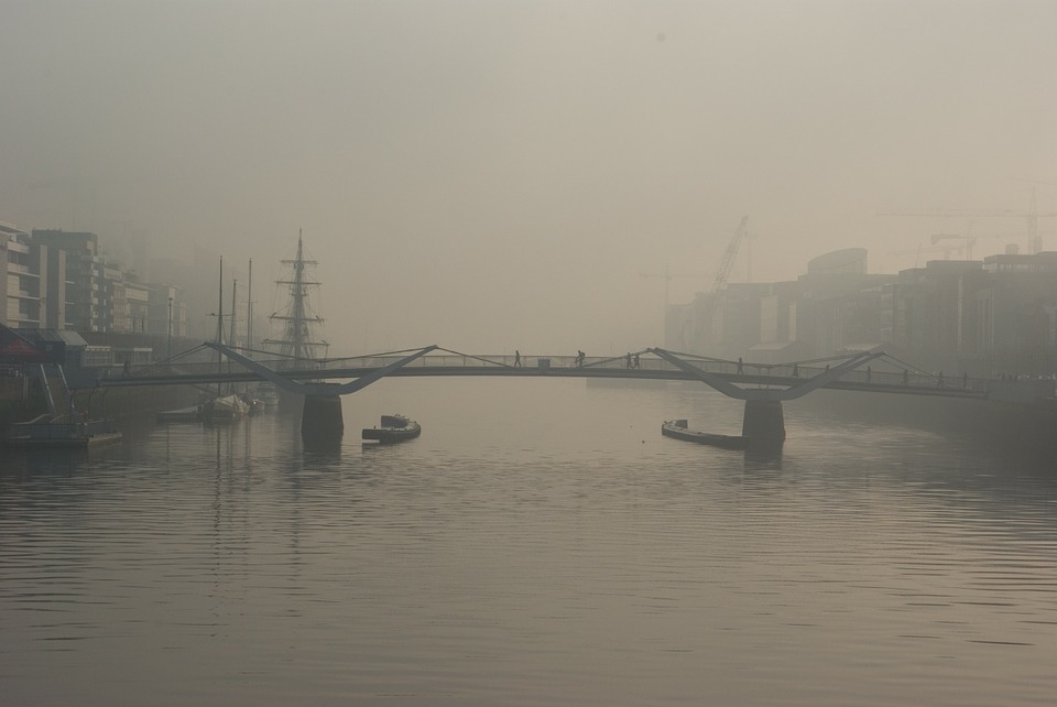 bridge, river, fog