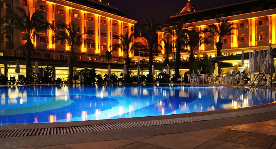hotel, pool, evening