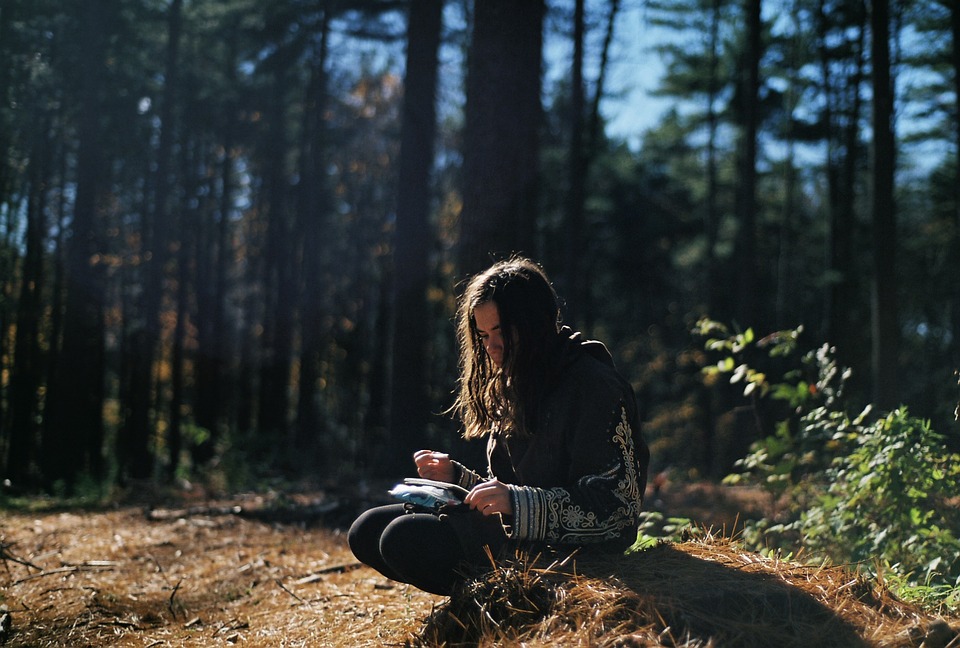 girl, reading, forest