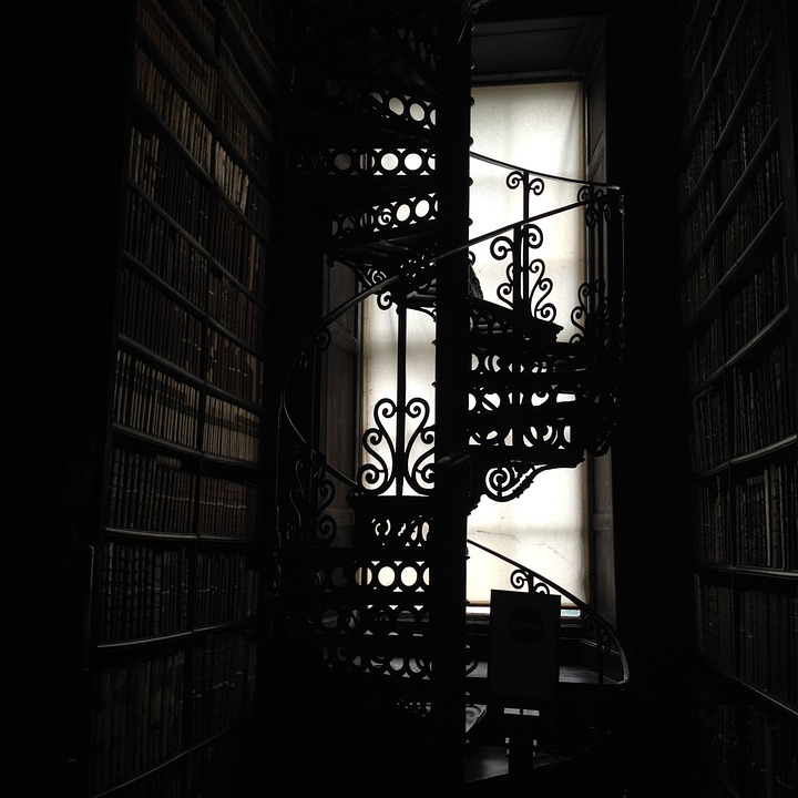 library, stairs, books