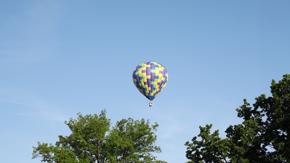 hot air balloon, sky, trees