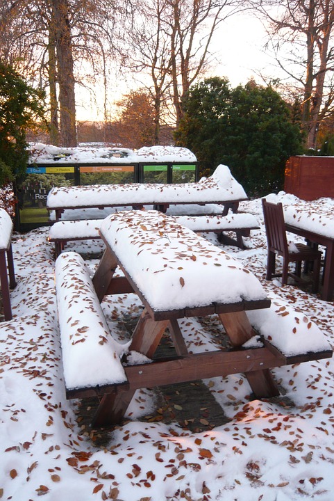 picnic tables, snow, winter