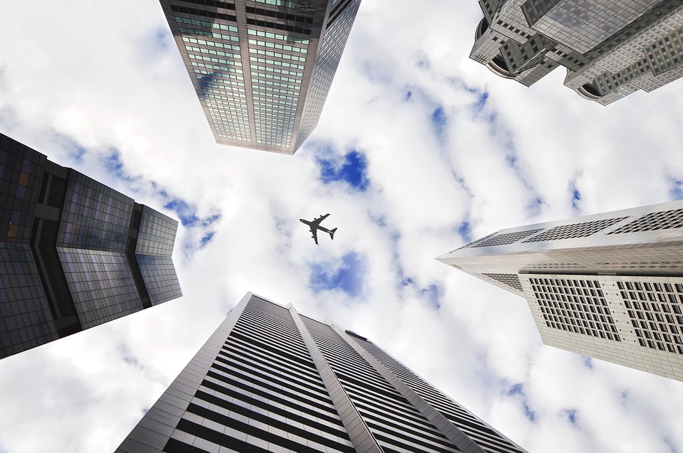 airplane, sky, buildings