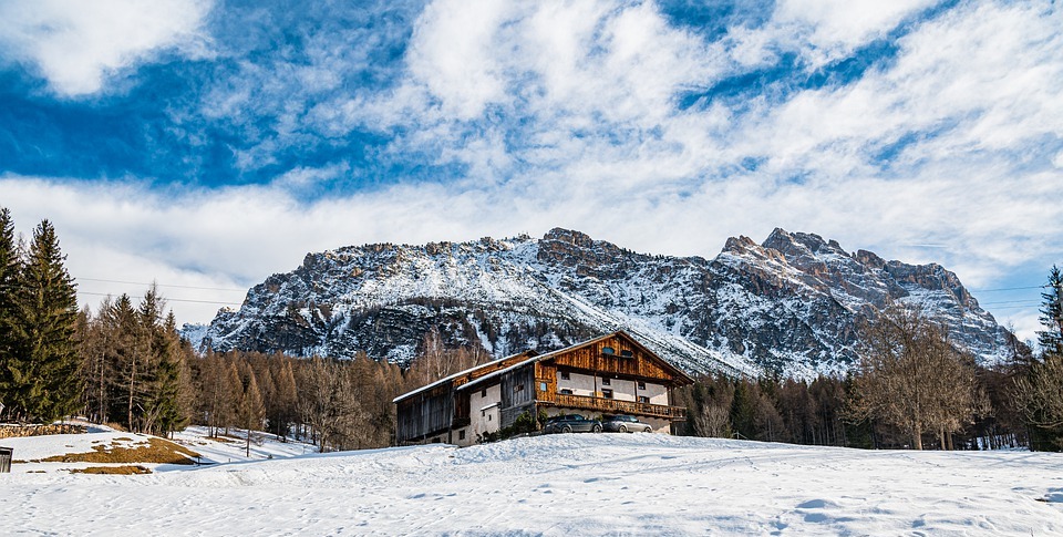 house, snow, snowy mountains