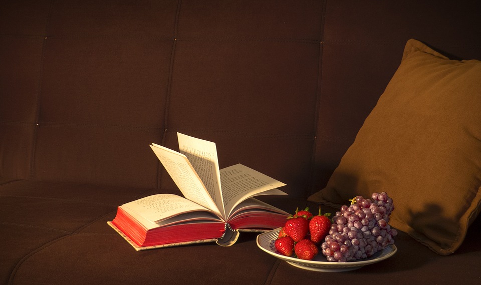 still life, fruit, book