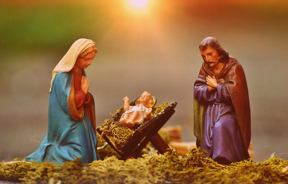 christmas crib figures, mary and joseph, jesus
