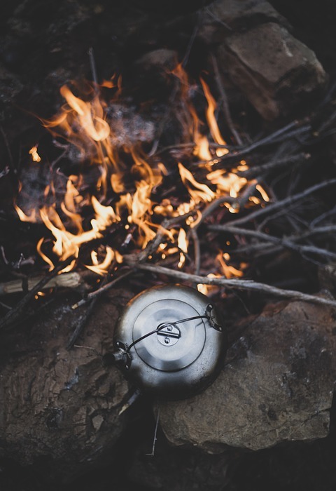 campfire, camping, teapot