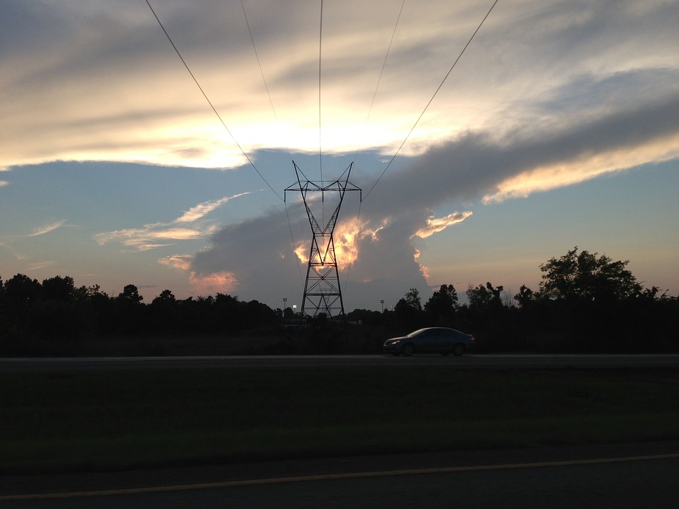 thunderstorm, sunset, power lines