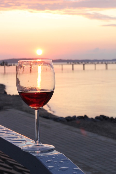 wine, beach, sunset