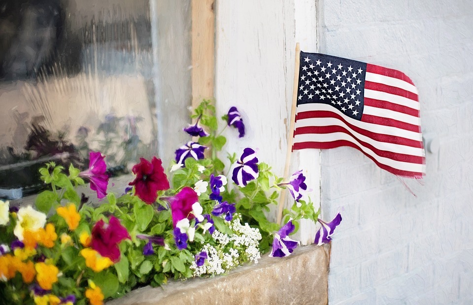 american flag, fourth of july, flowers