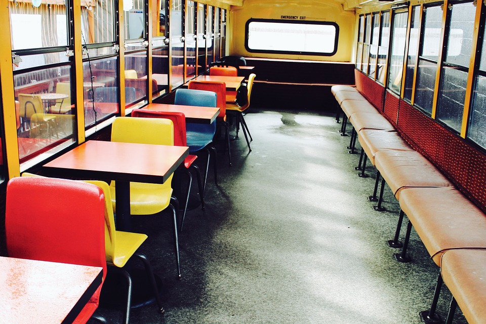 schoolbus, desks, tables
