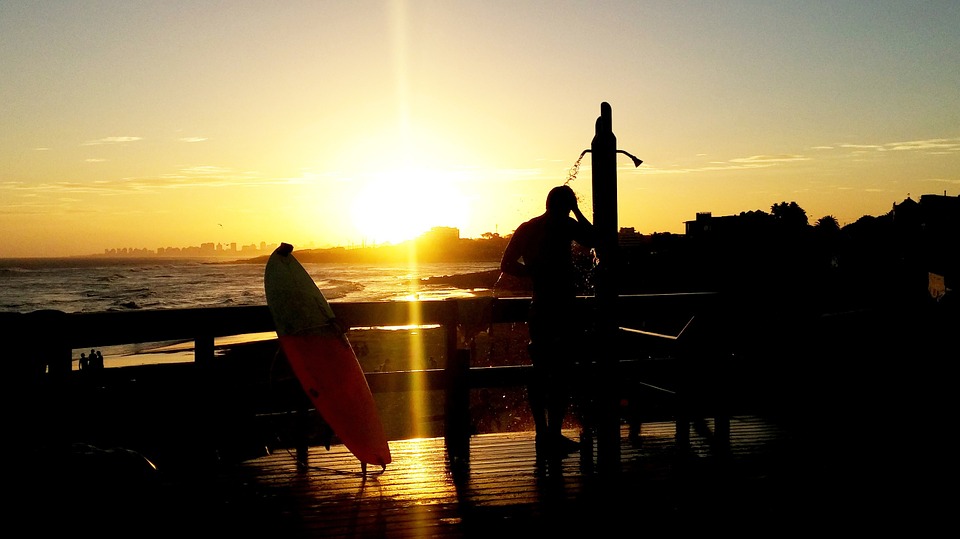 sunset, surfer, male