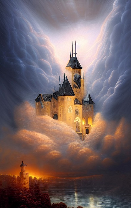 castle, fantasy, clouds