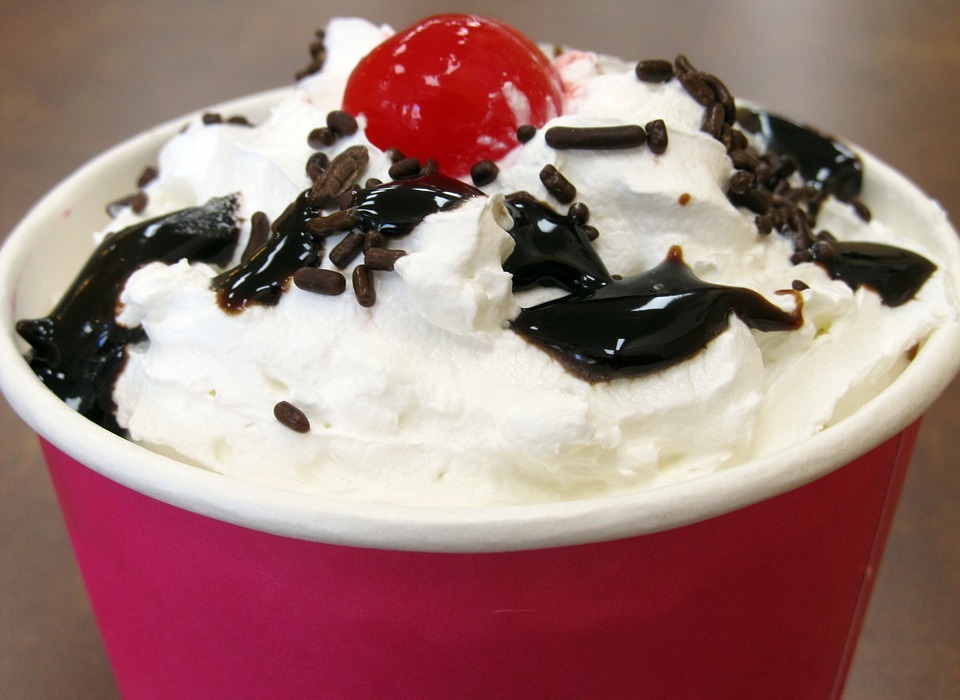 whipped cream, cherry, frozen yogurt