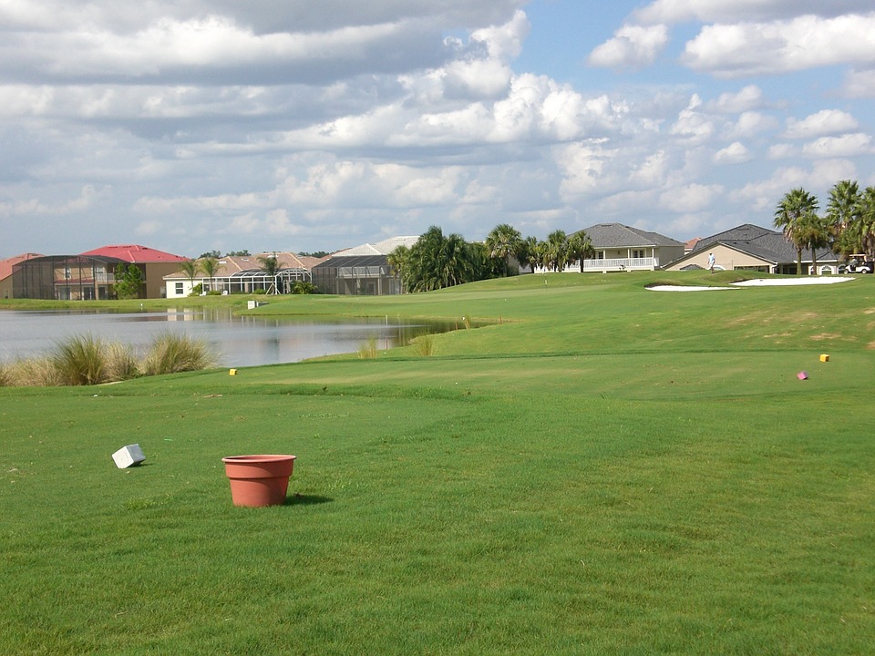golf, golf course, lake