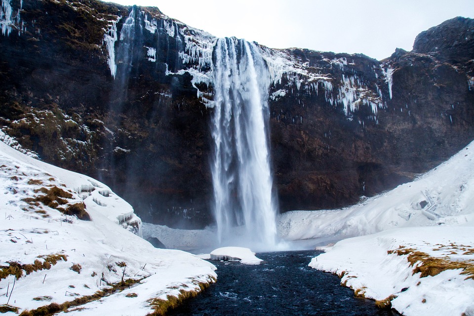 waterfall, winter, cliff