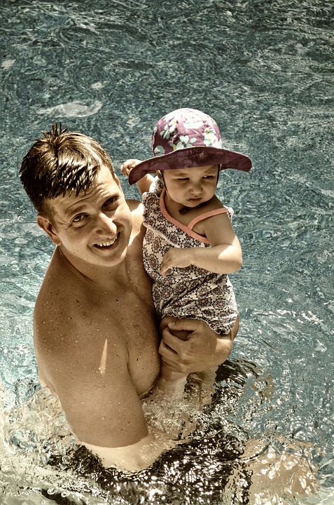 father, swimming pool, toddler