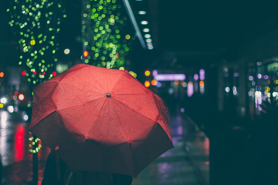 red, umbrella, raining