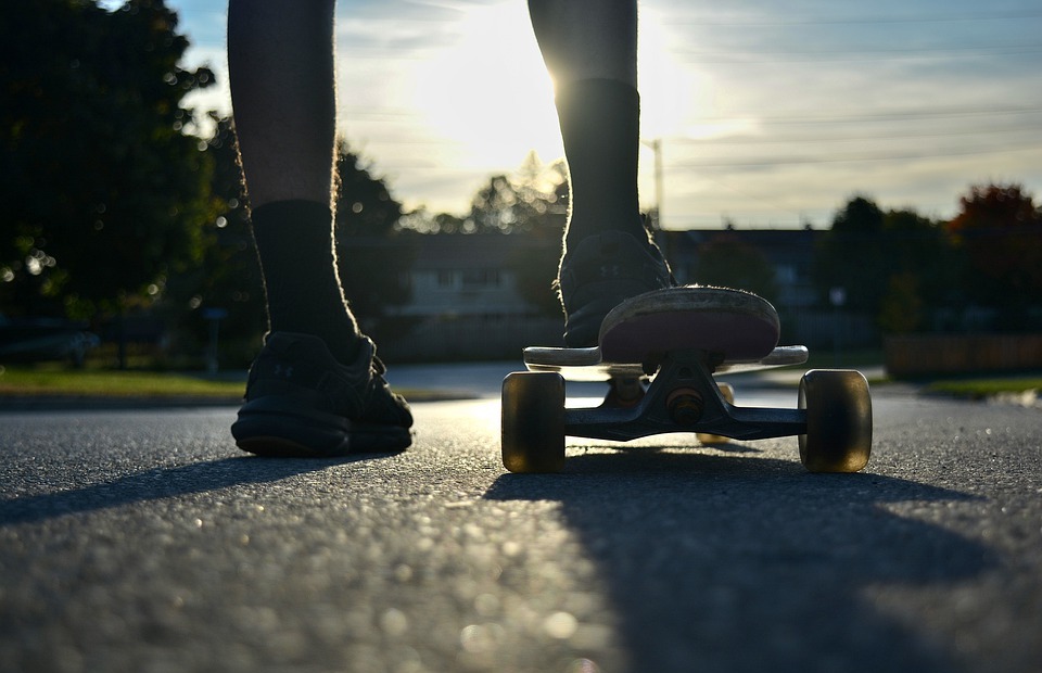 skateboard, sunset, city