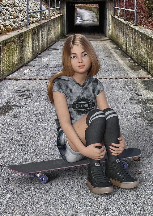 girl, skateboard, road