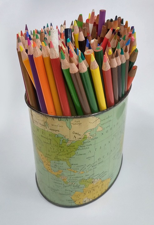 colored pencils, school, map