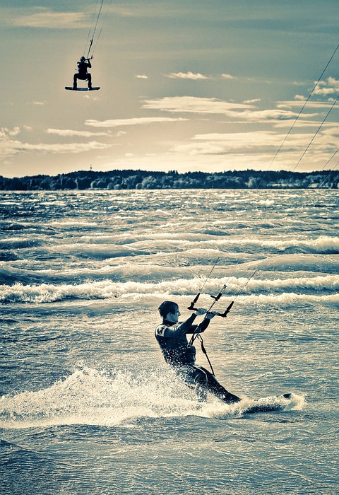 paragliding, wind surfing, lake