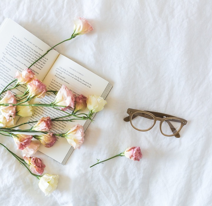 flowers, book, flat lay