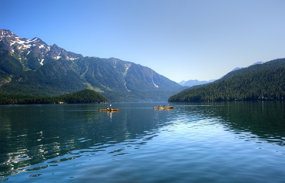 kayaking, lake, mountains