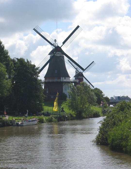 windmills, northern germany, river