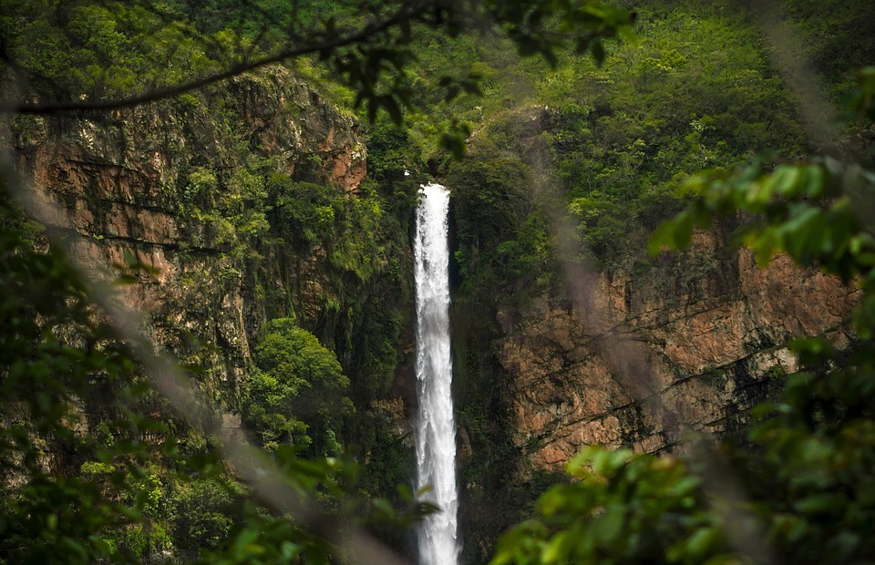 waterfall, mountain, hill