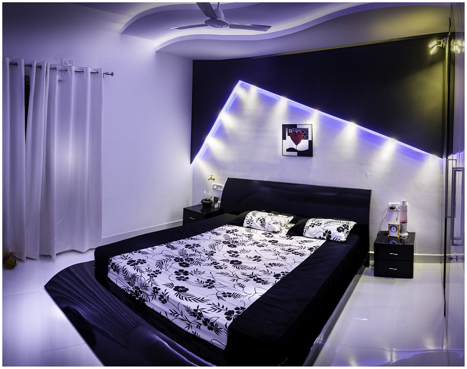 bed, bedroom, theatre lights
