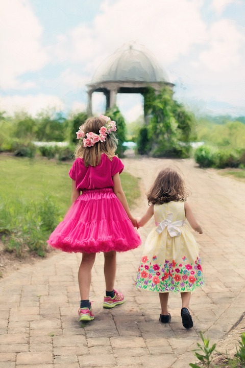 little girls walking, summer, outdoors