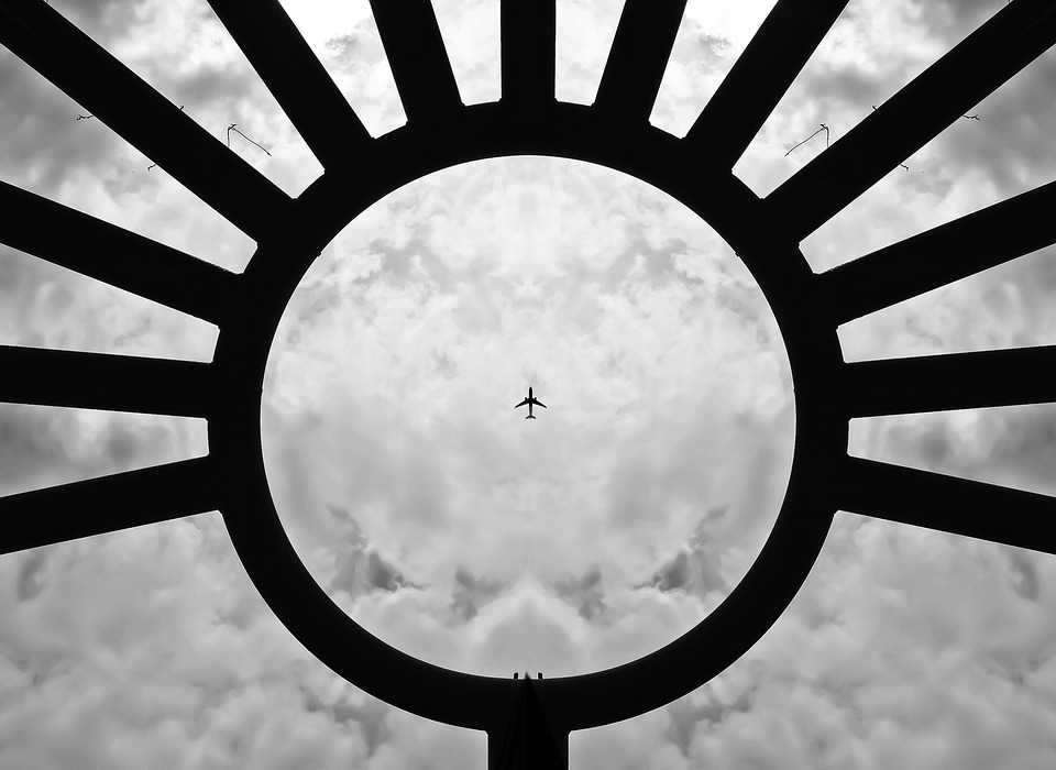 black and white, building, airplane