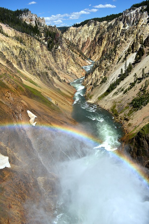 mountain, river, rainbow