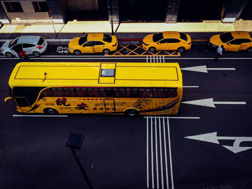 bus, taxi cab, yellow