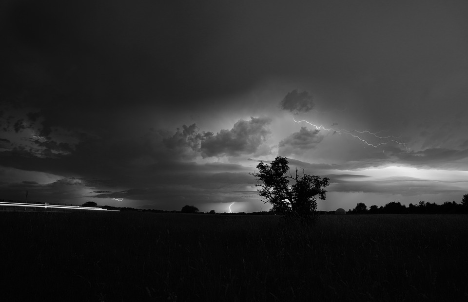 thunderstorm, lightning, field